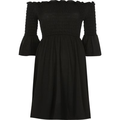 Black ruched flute sleeve bardot dress